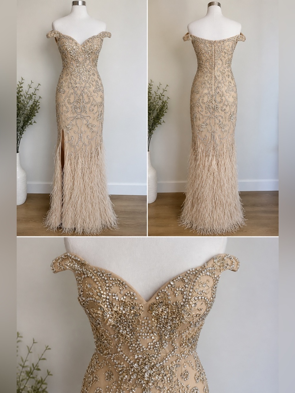 Champagne Nude Beaded Feather Gown | Off Shoulder Formal Dress